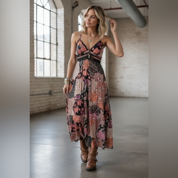 Angie Dresses & Skirts - NWT Angie Clothing Boho Floral Patchwork Mixed Media Crochet Gypsy Dress